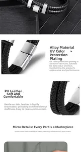 Detailed macro of black braided PU leather strands and silver alloy magnetic buckle clasp