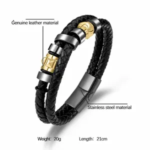 Bracelet double couche en cuir tressé noir pour homme avec accents en acier, 21cm 20g