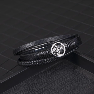 Men's multilayer black leather braided bracelet featuring a silver Tree of Life charm