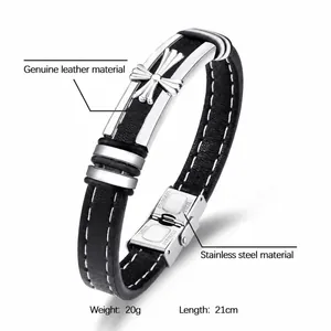 Bracelet homme en cuir véritable noir avec croix en acier inoxydable, 21 cm, poids 20g