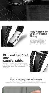 Detailed macro view of black multi-layer braided leather bracelet with silver alloy clasp