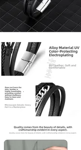 Detail of multi-layer black leather bracelet with silver peace charm and magnetic clasp