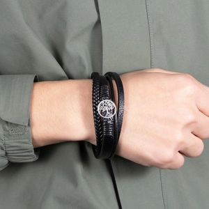 Men's multi-layer black braided leather bracelet featuring a silver Tree of Life charm