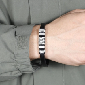 Punk style men's braided leather bracelet with silver metal mesh decor on wrist