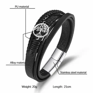 Men's multilayer leather tree of life bracelet with stainless steel magnetic clasp