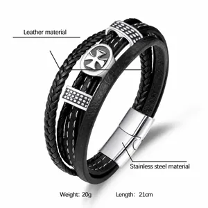 Bracelet multicouche en cuir pour homme avec croix et fermoir en acier inoxydable de 21cm