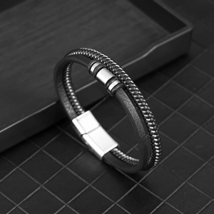 Men's double-layer leather and woven rope bracelet with silver magnetic metal clasp