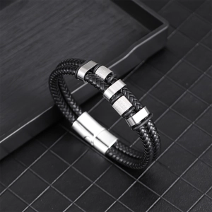 Men's multilayer braided black leather bracelet with silver magnetic metal clasp