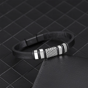 Punk style men's black genuine leather bracelet with silver metal plates and magnetic clasp