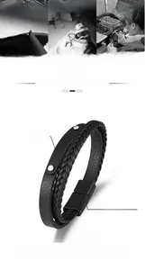 Détail du bracelet multicouche en cuir tressé avec fermoir magnétique noir, longueur 21cm