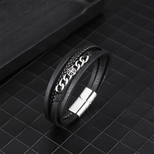 Men's multi-layer black leather bracelet with stainless steel star emblem and magnetic clasp