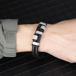 Men's multi-layer black braided leather bracelet with magnetic alloy buckle
