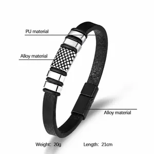 Punk style men's leather bracelet with alloy charms and magnetic clasp, 21cm long