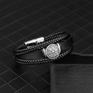 Men's multi-layer braided leather bracelet with silver Viking compass charm and metal clasp