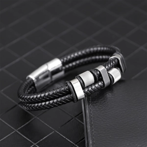 Men's multilayer braided leather bracelet with silver magnetic clasp and knurled metal rings