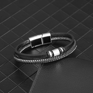 Men's double-layer leather and steel woven bracelet with silver magnetic buckle