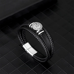 Men's multi-layer black braided leather bracelet with silver Viking Vegvisir compass charm