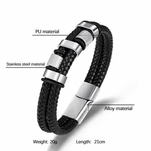 Men's multi-layer black braided leather bracelet with stainless steel magnetic clasp