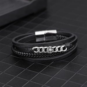 Men's multi-layer black leather bracelet with silver compass star and magnetic buckle