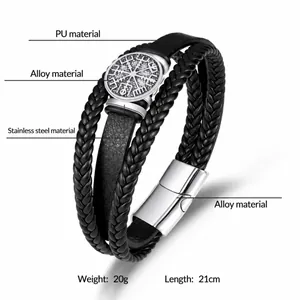 Men's multi-layer black braided leather bracelet with silver compass charm and metal clasp