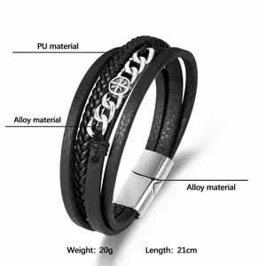 Men's multilayered black PU leather bracelet with silver star charm, 21cm long, 20g weight