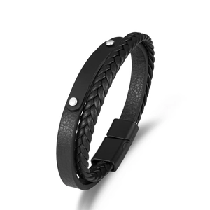 Bracelet Homme en Cuir Tissé Fermoir Magnétique en Acier Inoxydable Double Couche Style Punk Bijoux Homme Mode Décontractée