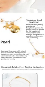 Détail du bracelet en acier inoxydable doré avec breloques perle, étoile de mer et coquillage