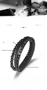 Detail of men's layered leather bracelet with black hematite beads and magnetic alloy clasp