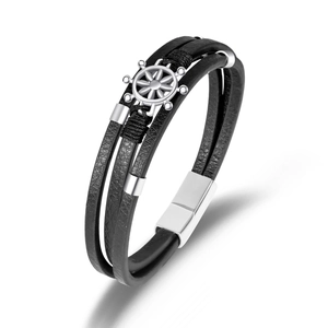 Herren Mehrlagiges Geflochtenes Lederarmband Mit Legierung Silber Steuerrad Charm Nautischer Stil Mode Lässiger Schmuck Magnetverschluss
