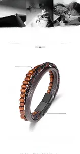 Detail view of multi-layer leather bracelet with wooden beads and magnetic alloy clasp