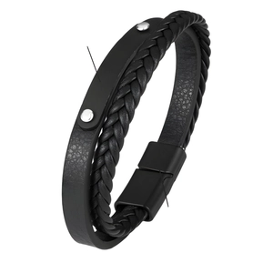 Bracelet multicouche en cuir noir pour homme avec plaque métallique et fermoir magnétique