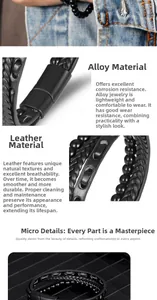 Detail of multi-layer woven leather bracelet for men with black magnetic alloy clasp