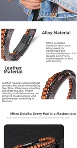 Detail of multilayer leather bracelet with wooden beads and alloy magnetic clasp