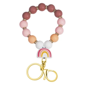 Women's Silicone Beaded Keychain Wristlet Colorful Rainbow Charm Bracelet With Gold Metal Clasp Rhinestone Spacers Accessories