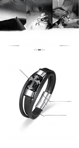 Detail of vintage multilayer leather bracelet with stainless steel cross and magnetic clasp