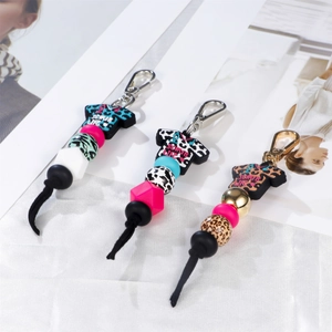 Silicone bead keychain set with Scrub Life tag and leopard print patterns for bags