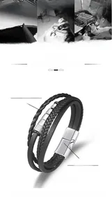 Détail d'un bracelet multicouche en cuir PU tressé noir, longueur 21 cm avec fermoir magnétique