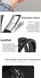 Detail of multi-layer braided leather bracelet with stainless steel cross and magnetic clasp