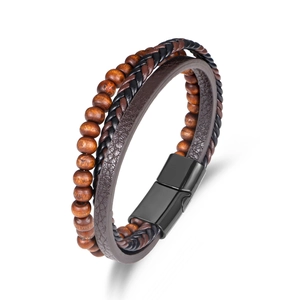 Men Vintage Multi Layer Leather Bracelet With Wood Beads And Alloy Magnetic Clasp Woven Casual Jewelry For Daily Wear Men