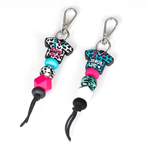 Fashionable silicone bead keychain with Scrub Life leopard print pendant and metal clasp