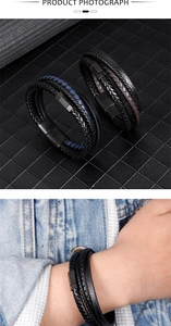Detail eines mehrlagig geflochtenen Lederarmbands für Herren mit mattem Magnetverschluss