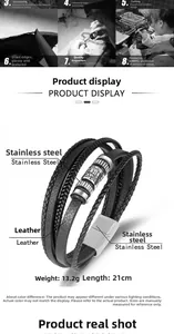 Detail of multi-layer black braided leather bracelet with stainless steel magnetic clasp