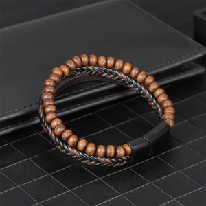 Men's multilayered leather wrap bracelet with brown wooden beads and magnetic clasp
