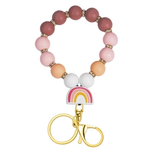 Rainbow silicone bead keychain wristlet with matte spheres and gold-plated ring