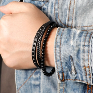 Men's multi-layer woven leather bracelet with hematite beads and magnetic clasp