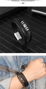 Detailed view of multilayer leather bracelet with engraved metal rings and magnetic clasp