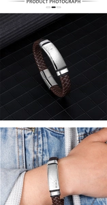 Détail d'un bracelet en cuir tressé marron avec plaque croix et fermoir magnétique