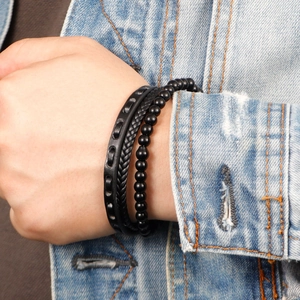 Three-piece set of men's black braided leather bracelets with beads and magnetic alloy clasp