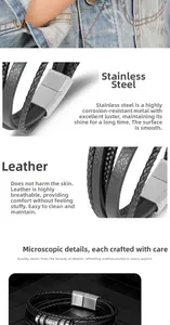 Detail view of multi-layer black leather braid bracelet with stainless steel magnetic clasp