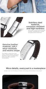 Détail du bracelet en cuir tressé avec fermoir magnétique en acier et texte gravé